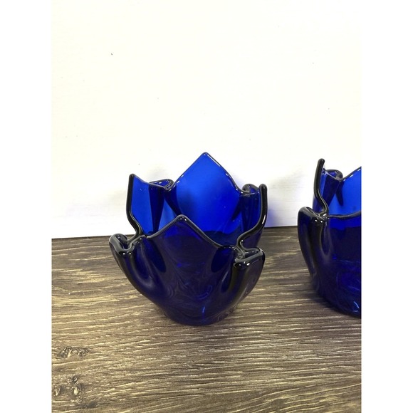 PartyLite Cobalt Blue Glass Votive Candle Holders Pair Tulip Flower Set of 2 - Picture 2 of 7